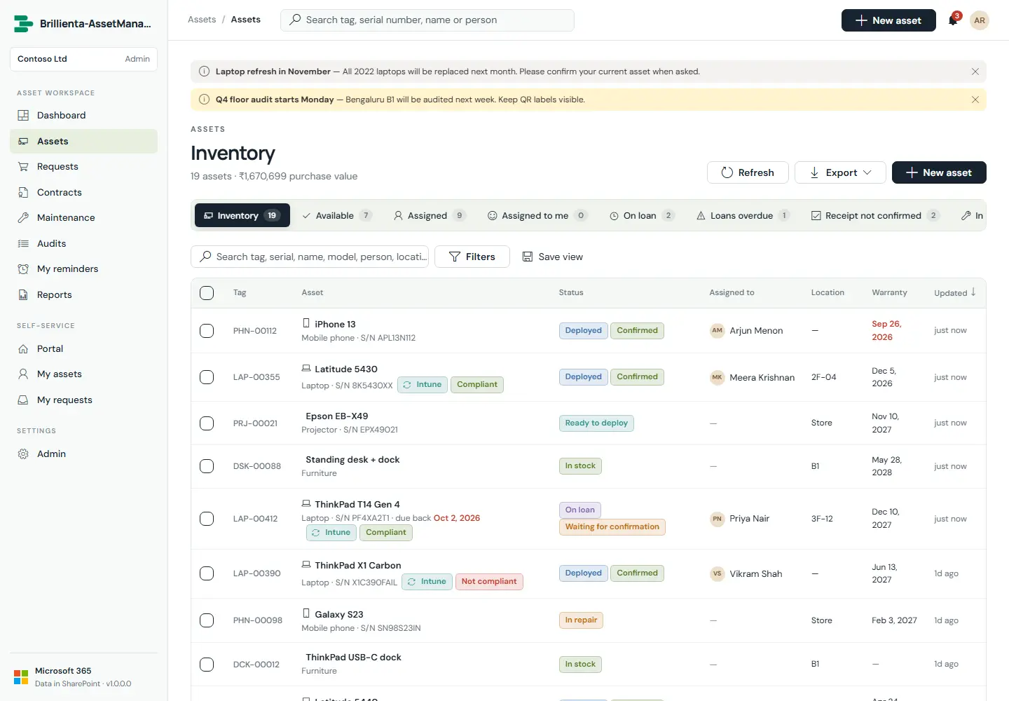 Capture: Assets page, Inventory view — view pills, filters, rows with tags, statuses, assignees, due-back dates.