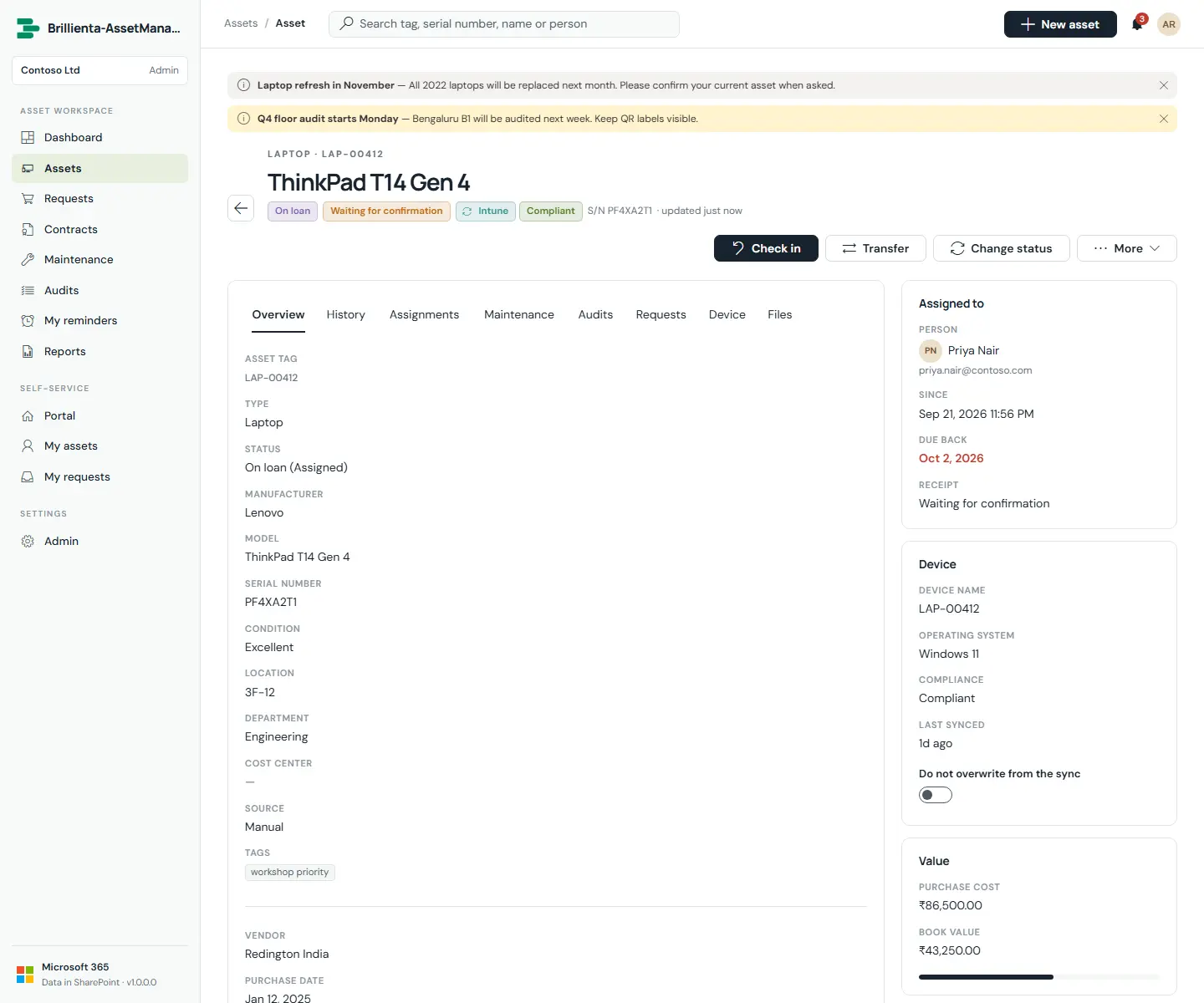 Capture: asset detail for an assigned laptop — Details panel (assignee, overdue due-back, book value) and Custody & history.
