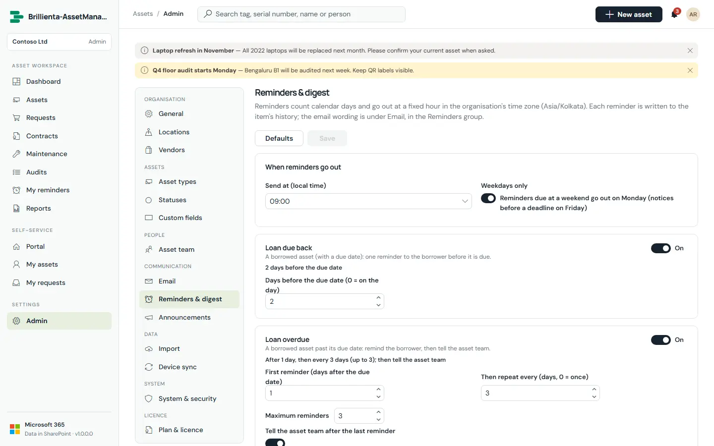 Capture: Admin Reminders & digest settings — send hour, weekday-only, per-event timings.