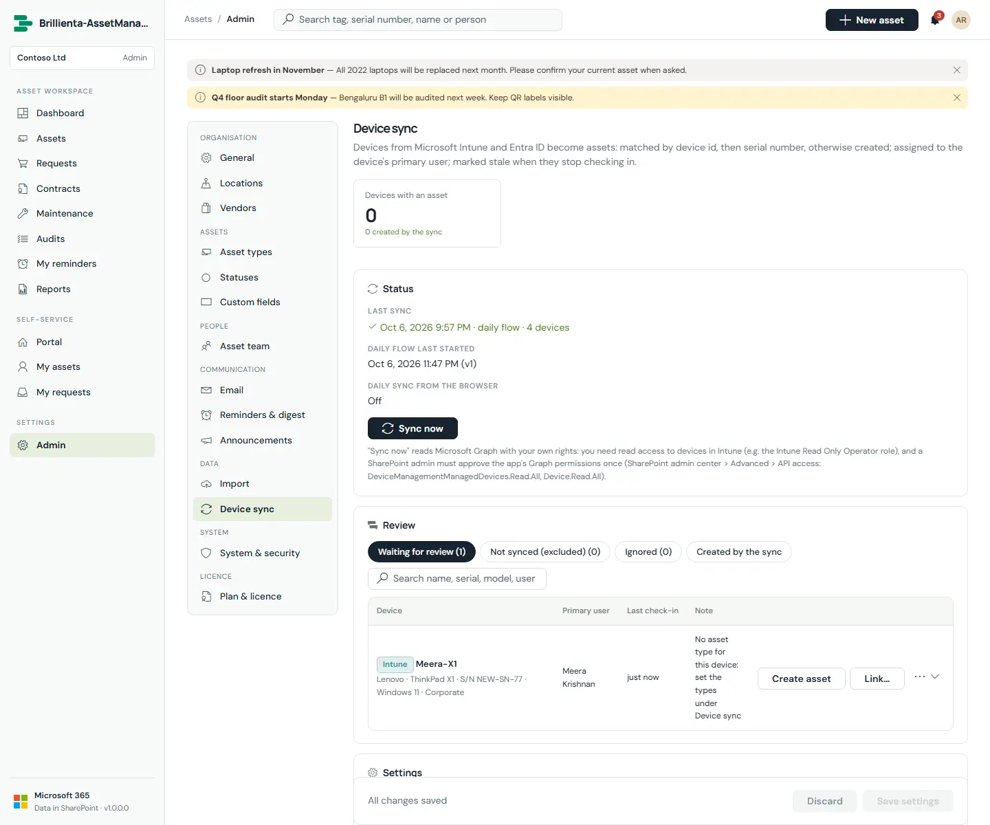Capture: Device sync settings — sources, exclusions, type rules — with the review queue (create / link by tag / ignore).
