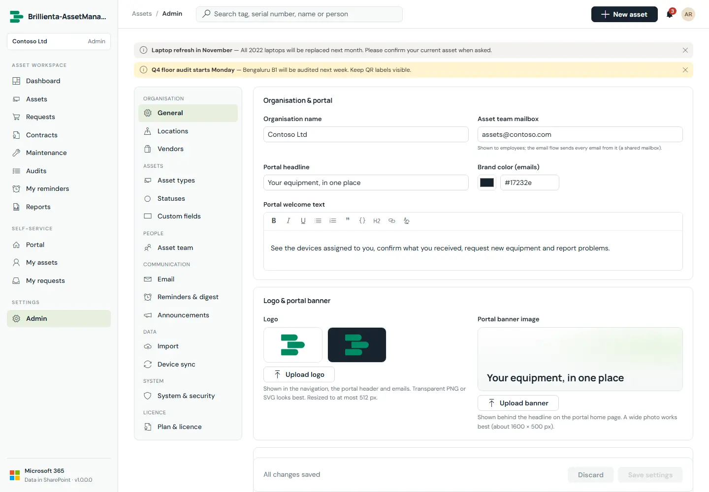 Capture: Admin General — organisation, branding, numbering, currency, time zone, features.