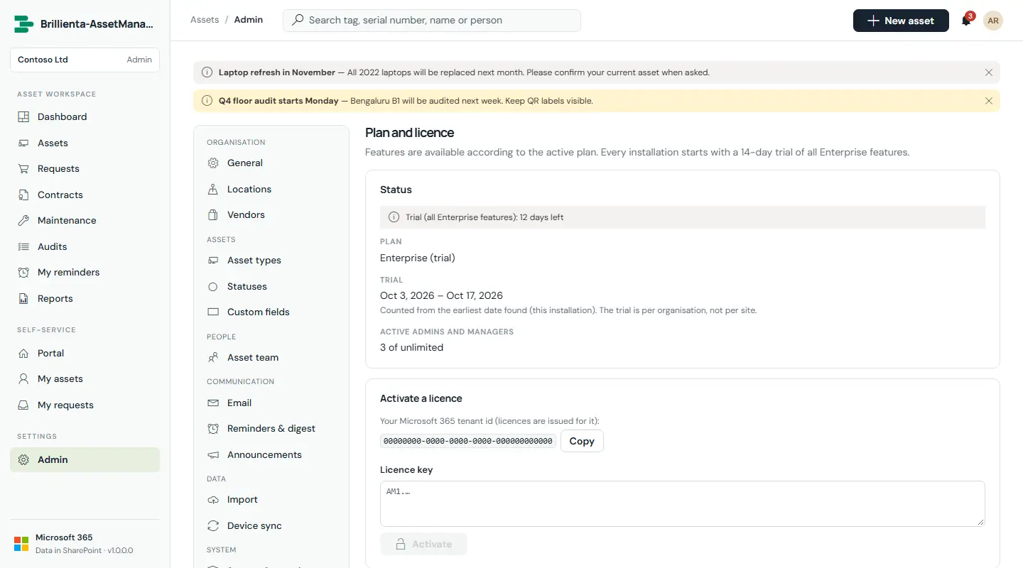 Capture: Plan & licence page — trial status or active plan, seats, activate-key box.