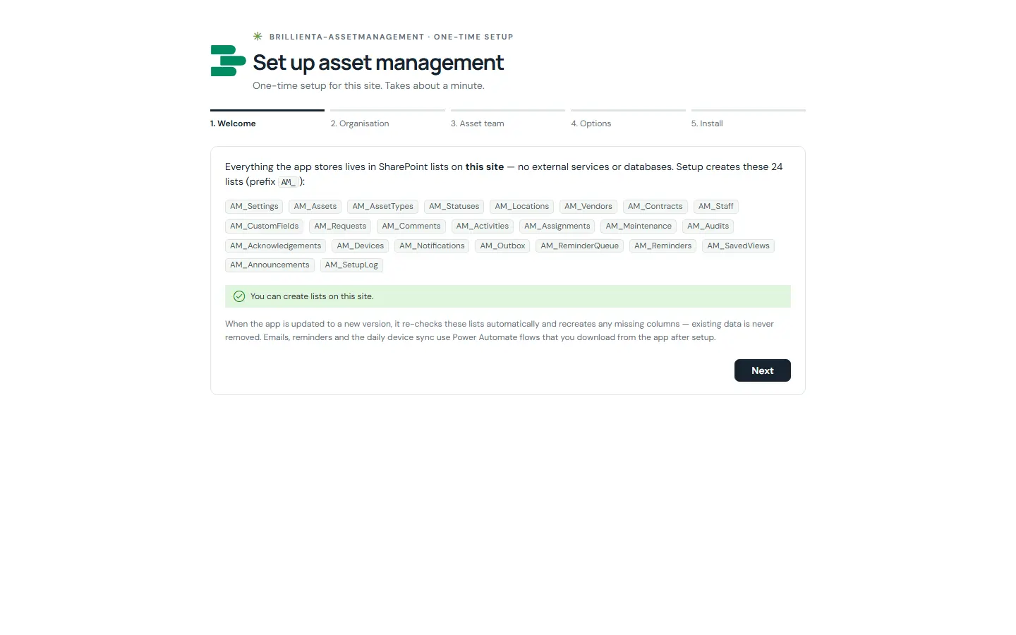 Capture: setup wizard — list checklist, organisation details step.