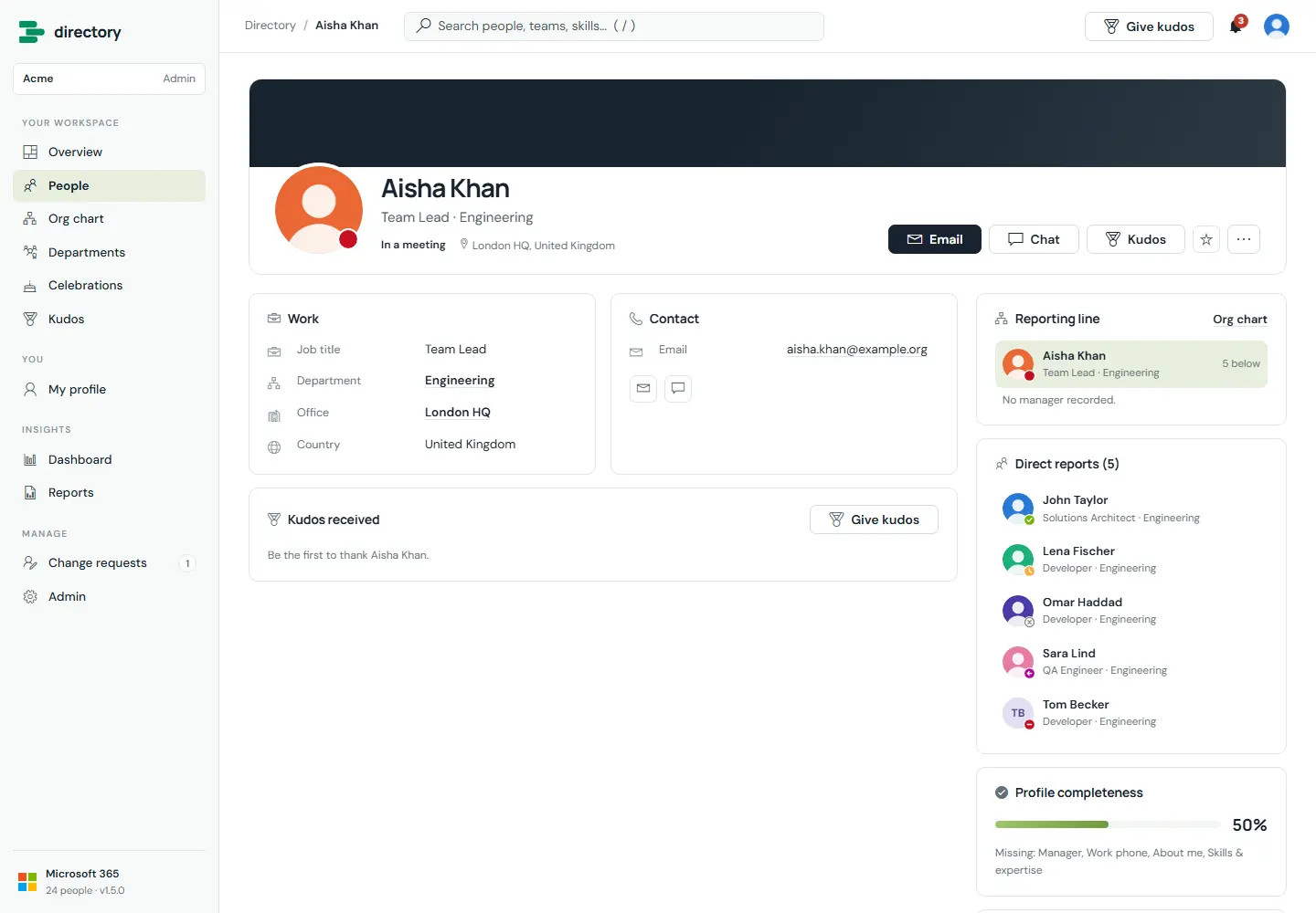 Profile of Aisha Khan showing a Microsoft 365 photo with a red Teams status badge and the text 'In a meeting'; direct reports each show their own Teams status badge.