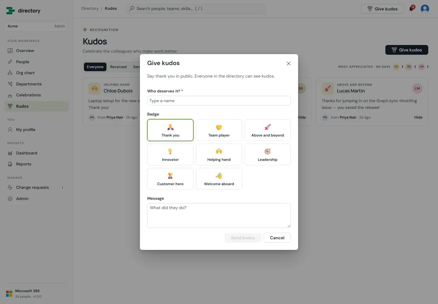 Give kudos dialog with a person picker, eight badges and a message box.