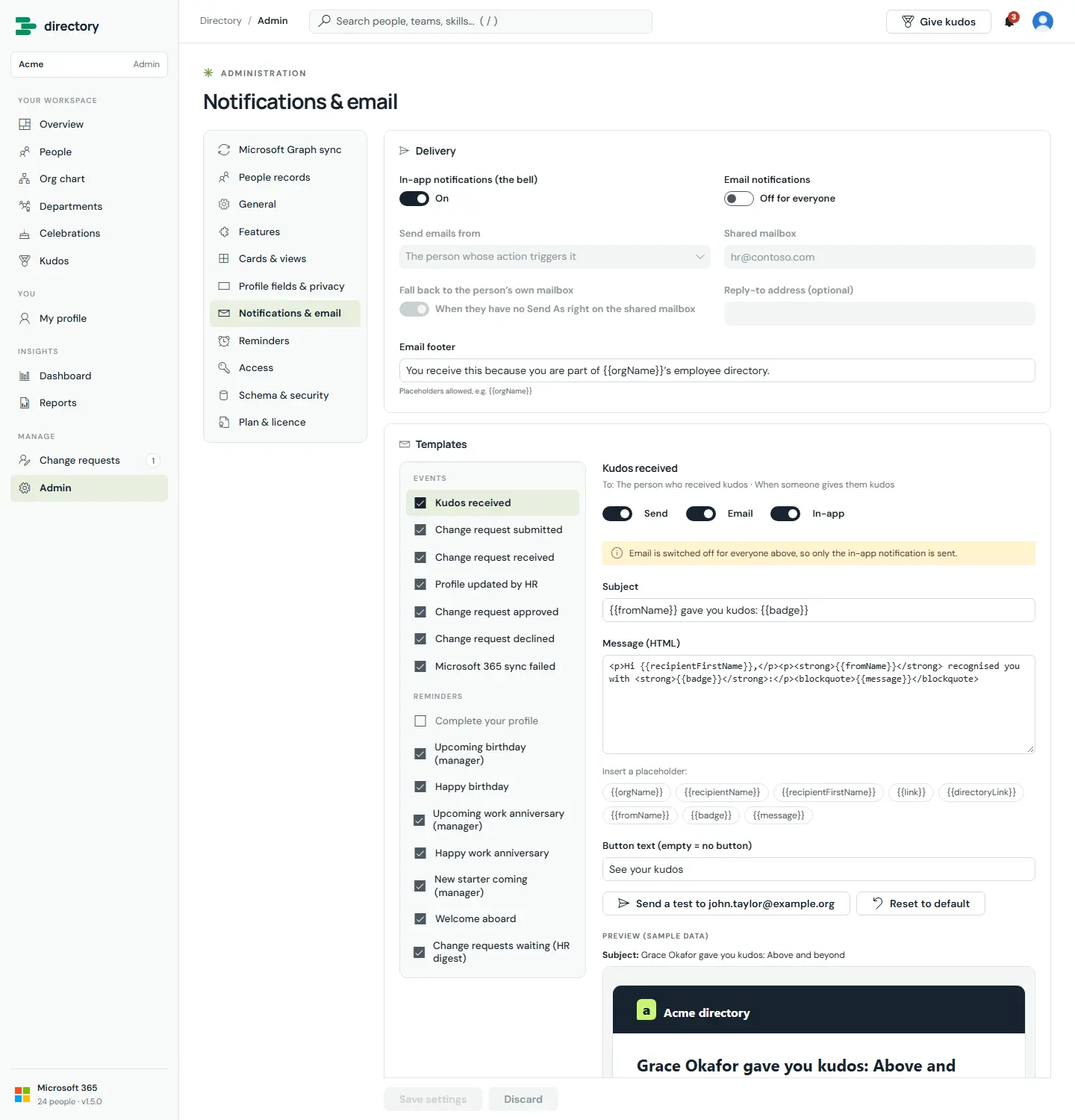 Notifications and email admin page: delivery settings (in-app on, email switch, sender, shared mailbox, reply-to, footer) and the template editor with event and reminder templates, subject, HTML message, placeholders, button text, test send and a preview.