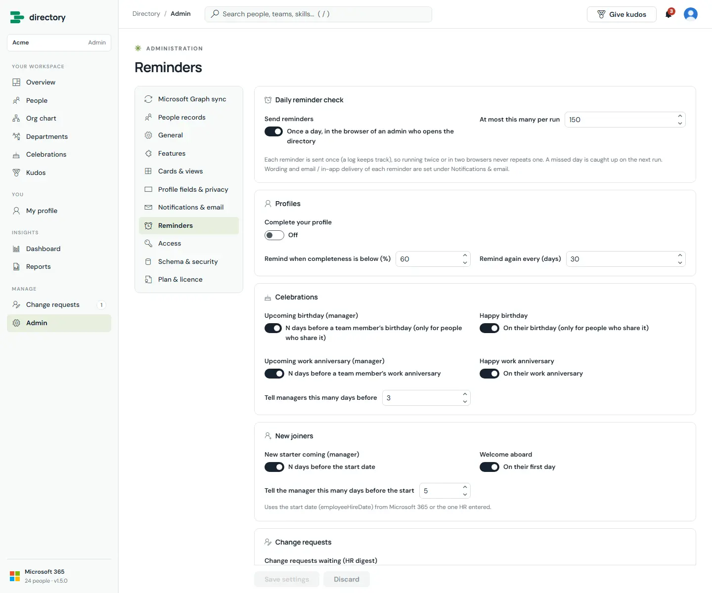 Reminders admin page with the daily check switch, maximum per run, profile reminder thresholds, celebration reminders for managers and employees, new joiner reminders and change request digest.