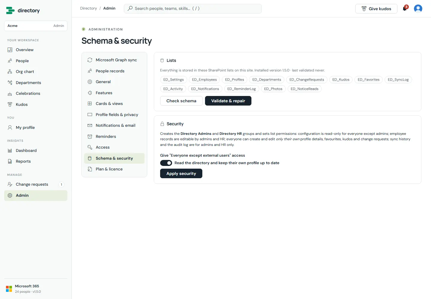 Schema and security page listing the 13 ED_ lists with Check schema and Validate & repair buttons, and a Security card explaining the permissions with a switch for 'Everyone except external users' and an Apply security button.