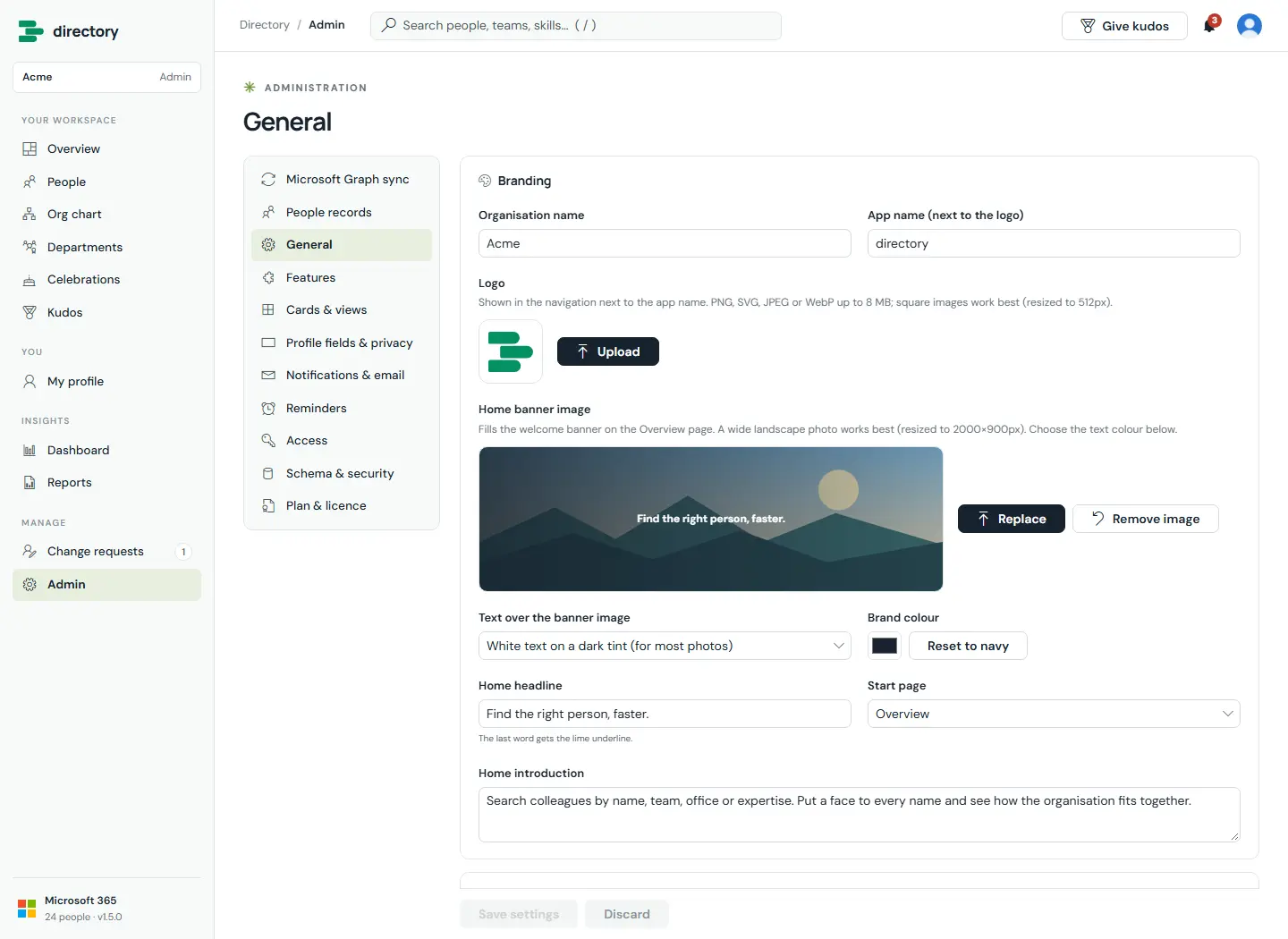 General settings with organisation name, app name, logo upload with the default green logo, home banner image upload, banner text colour, brand colour, headline, start page and introduction.