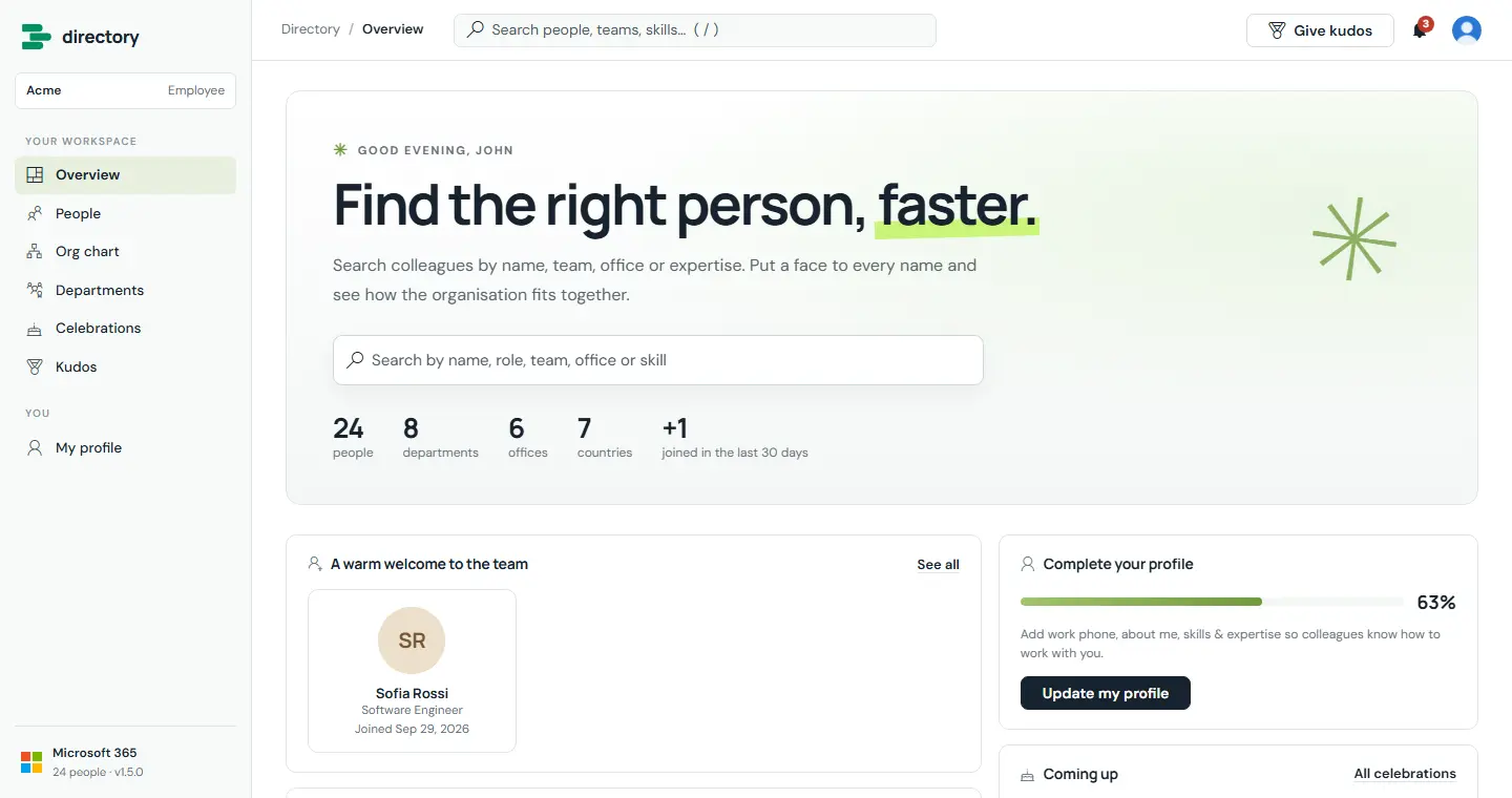 Overview page as an employee: the navigation shows Overview, People, Org chart, Departments, Celebrations, Kudos and My profile, with no Insights or Manage sections.