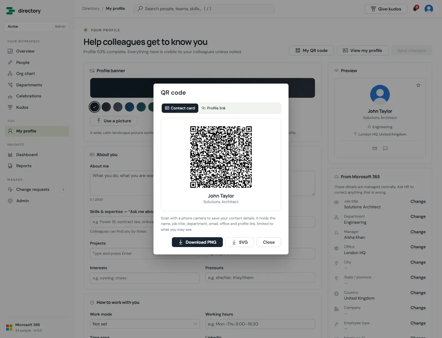 QR code dialog with Contact card and Profile link tabs, the QR code, and Download PNG, SVG and Close buttons.