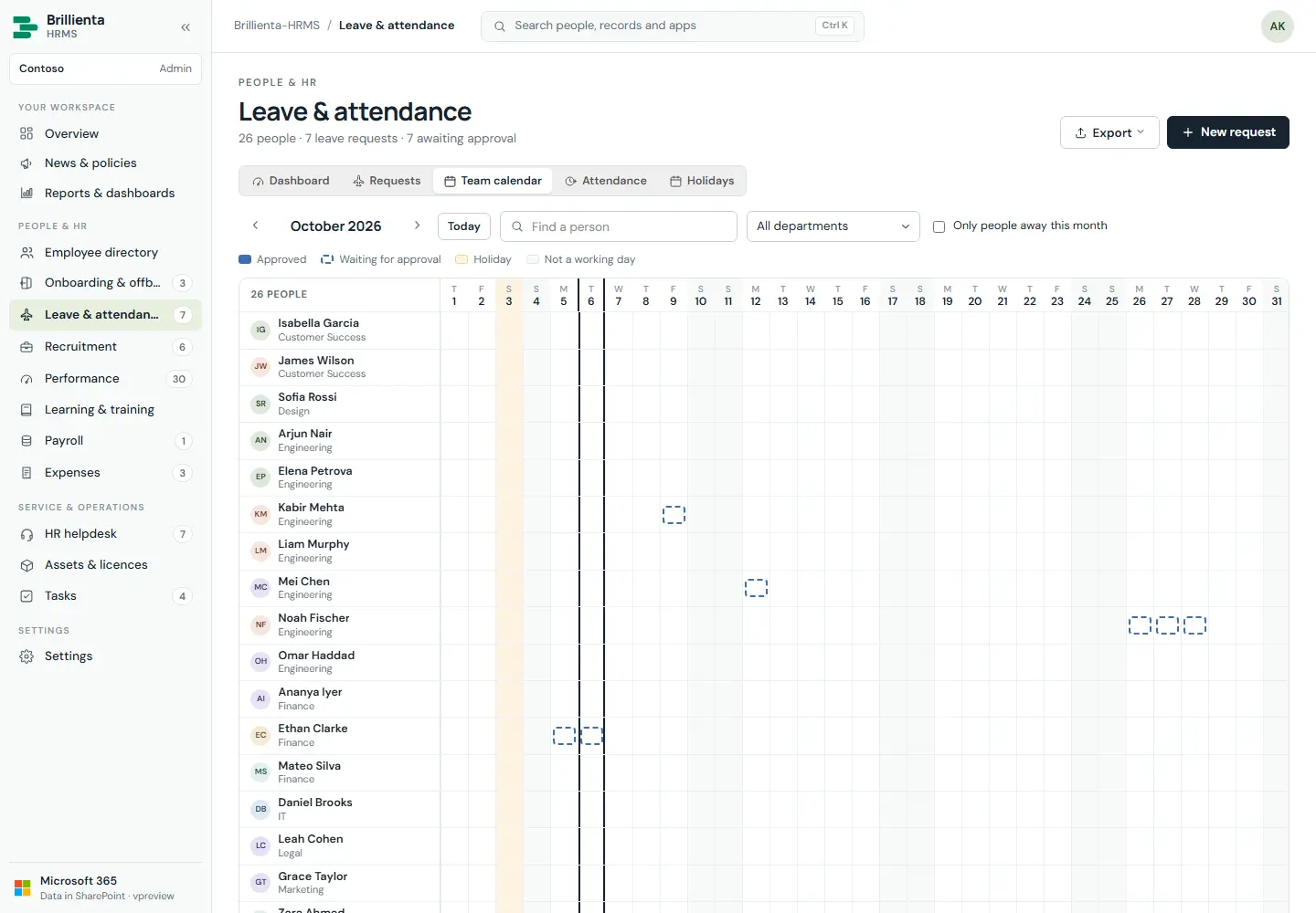 Team calendar showing people by days with holidays and non-working days.