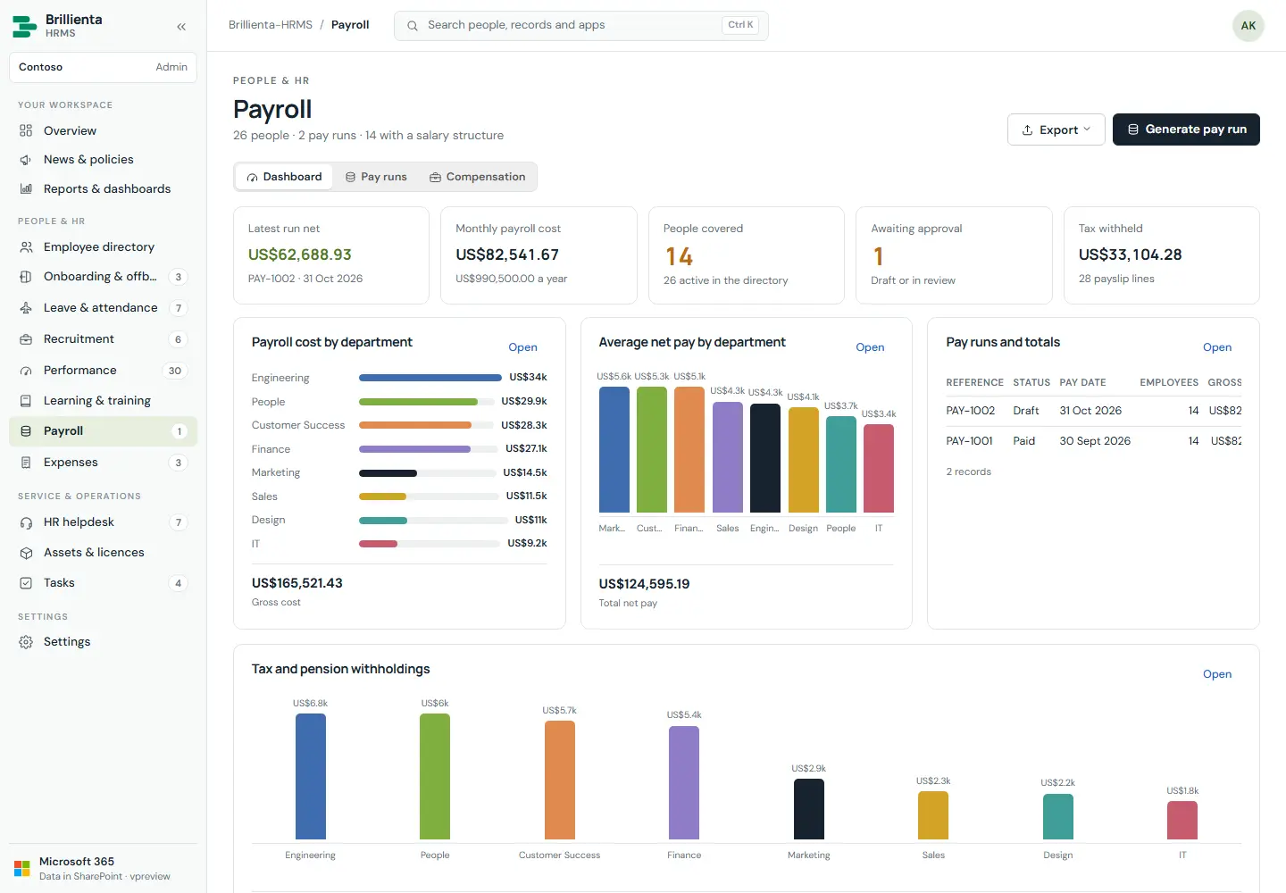 Payroll runs and pay lines with My payslips.