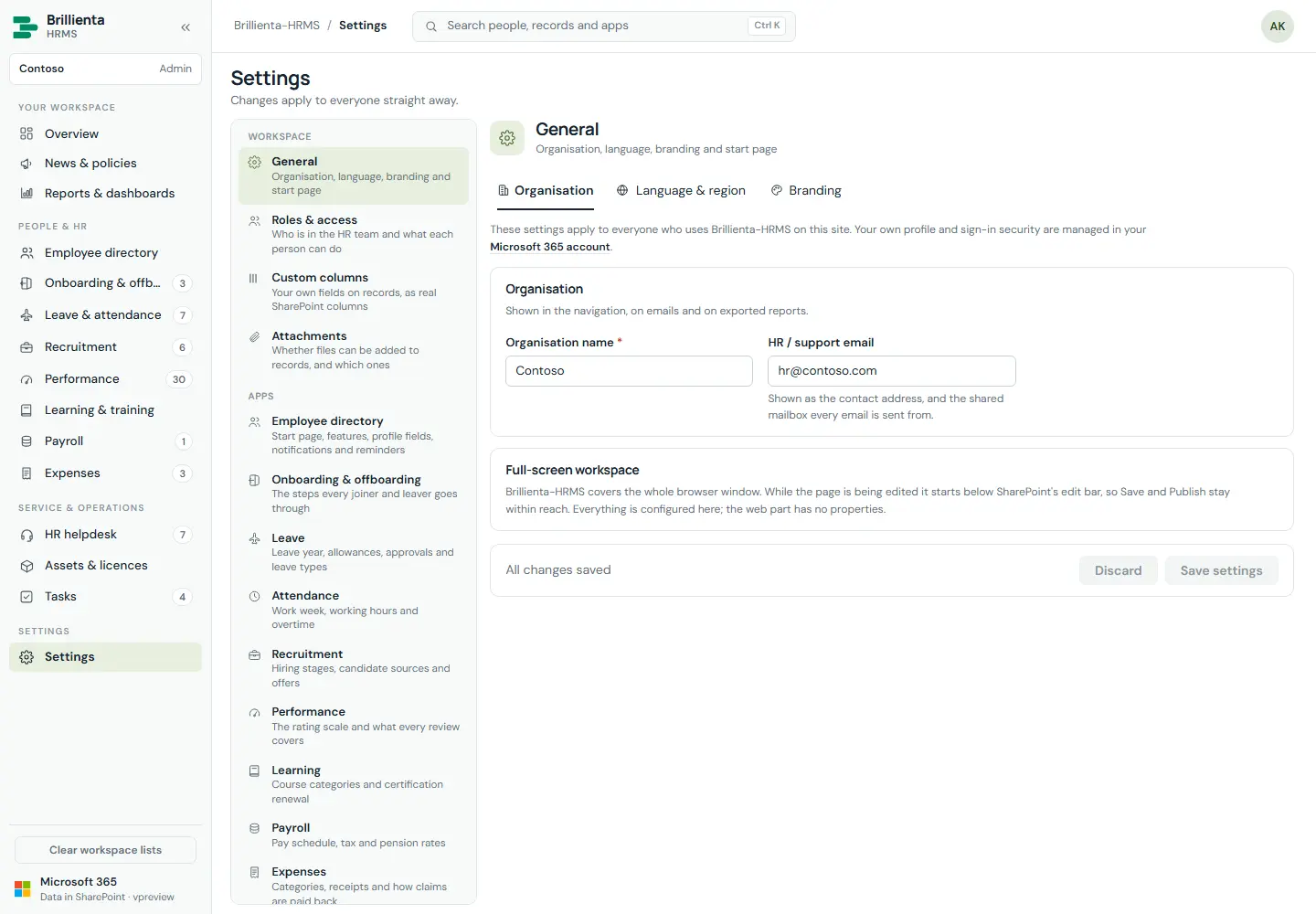 General settings with organisation, language and branding.