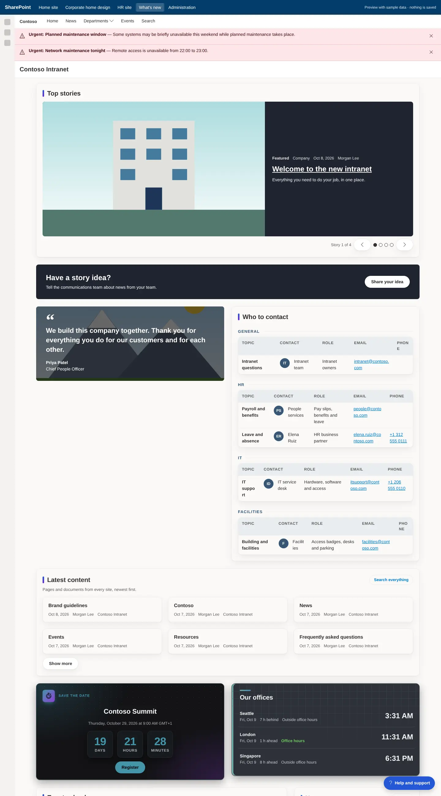 What's new showcase page with content rollup, countdown, world clock, calendar, document table, compact news, grouped policies, celebrations, key contacts, system status, key figures, offices, jobs, galleries, links, onboarding and glossary.