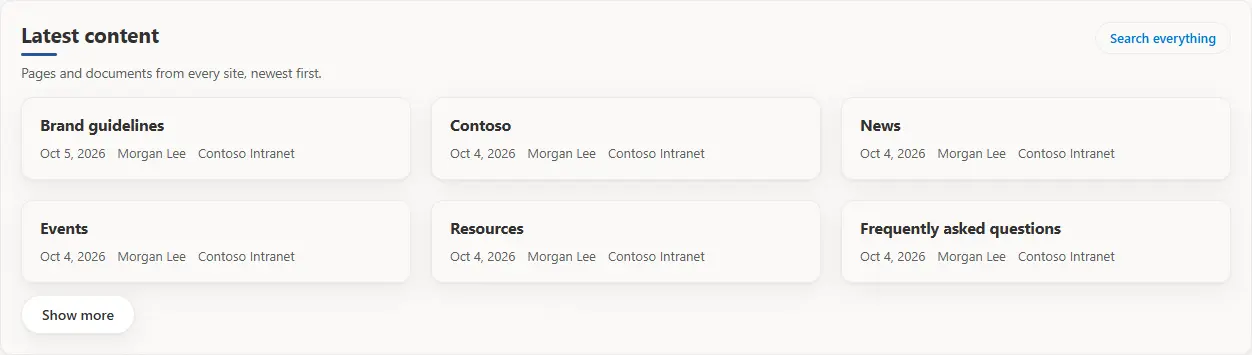 Content rollup showing the latest pages and documents from every site as cards with a Show more button.