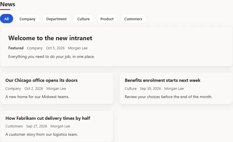 News center with a featured story and category filters for Company, Department, Culture, Product and Customers.