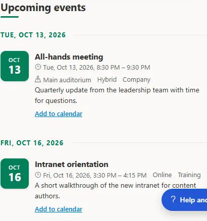 Upcoming events in agenda layout with dates, locations and Add to calendar links.