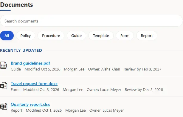 Document center with category filters and recently updated documents with owners and review dates.