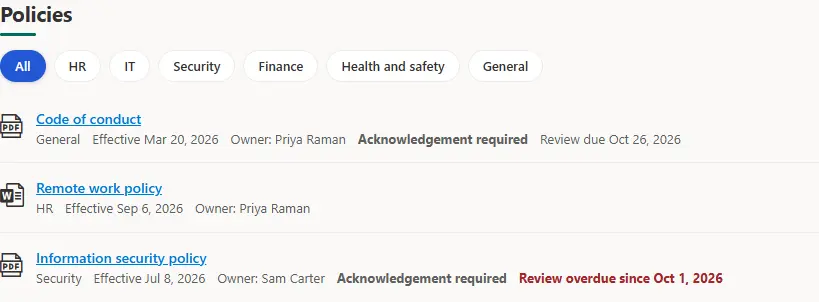 Policy center with category filters and policies showing owner, acknowledgement requirement and review dates.