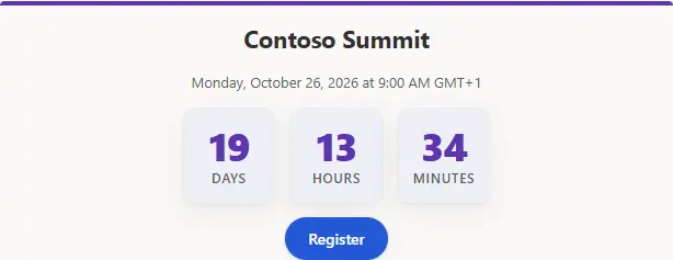 Countdown to the Contoso Summit with days, hours and minutes and a Register link.