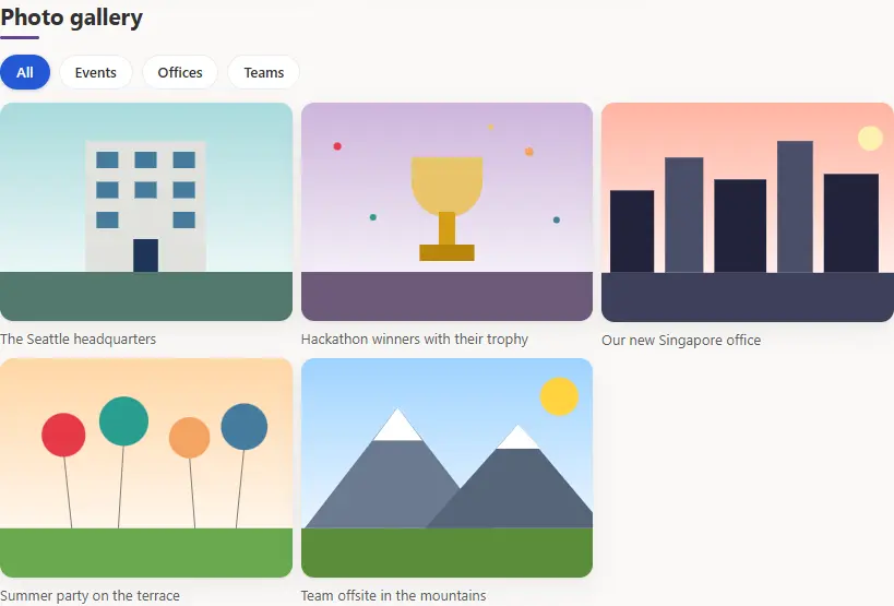 Photo gallery grid with captions and album filter.