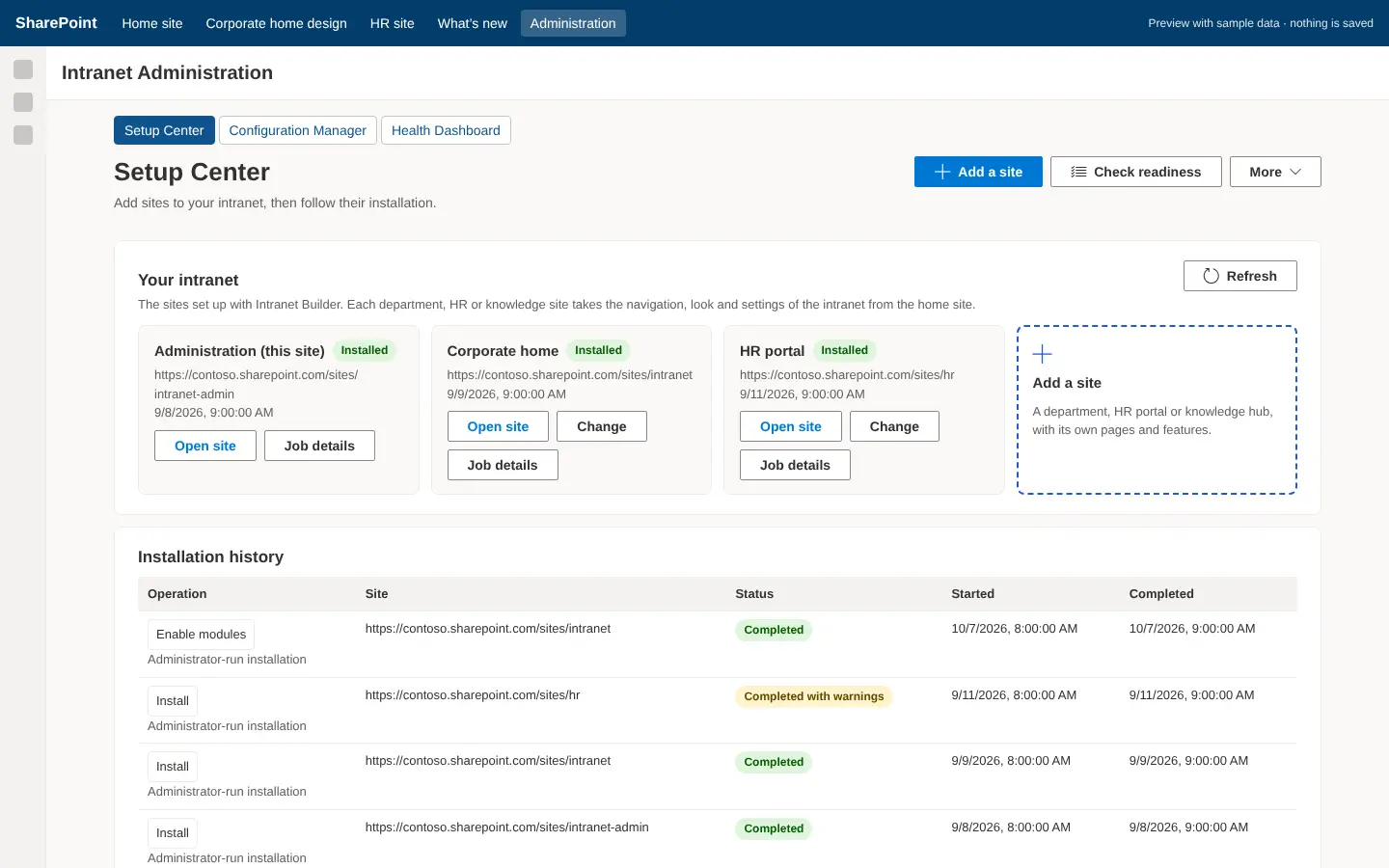 Setup Center with New deployment, Import configuration and the recent jobs list with statuses.