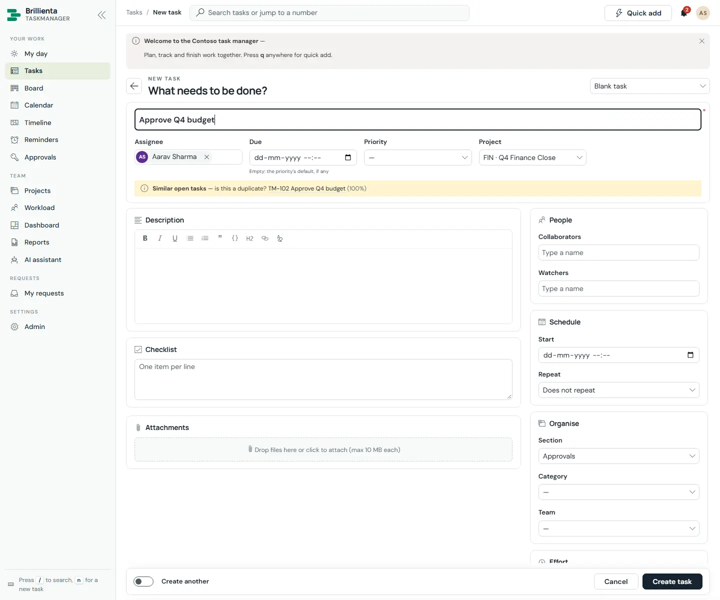 New task with title Approve Q4 budget and project Q4 Finance Close: suggestion chips for category Purchase 88 percent, team Operations 94 percent, assignee Megan 72 percent and Urgent priority 75 percent, plus a duplicate warning linking TM-102 at 100 percent.