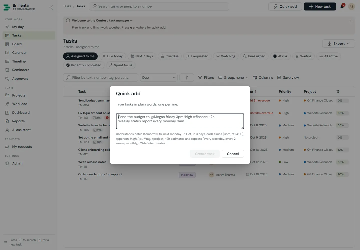 Quick add dialog over the task list: a multi-line box with the hint listing understood dates, times, people, priorities, tags, projects, estimates and repeats, and Create task / Cancel buttons.