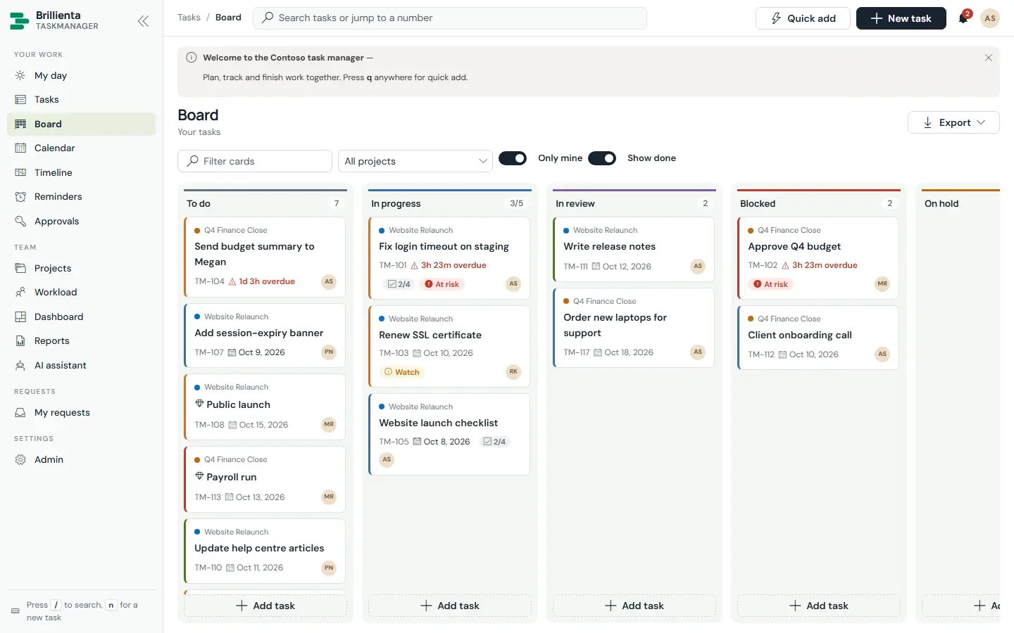 Kanban board with status columns and task cards showing project dots, numbers, due chips, checklist progress and assignees; an In Progress column near its WIP limit and quick-add boxes at column bottoms.