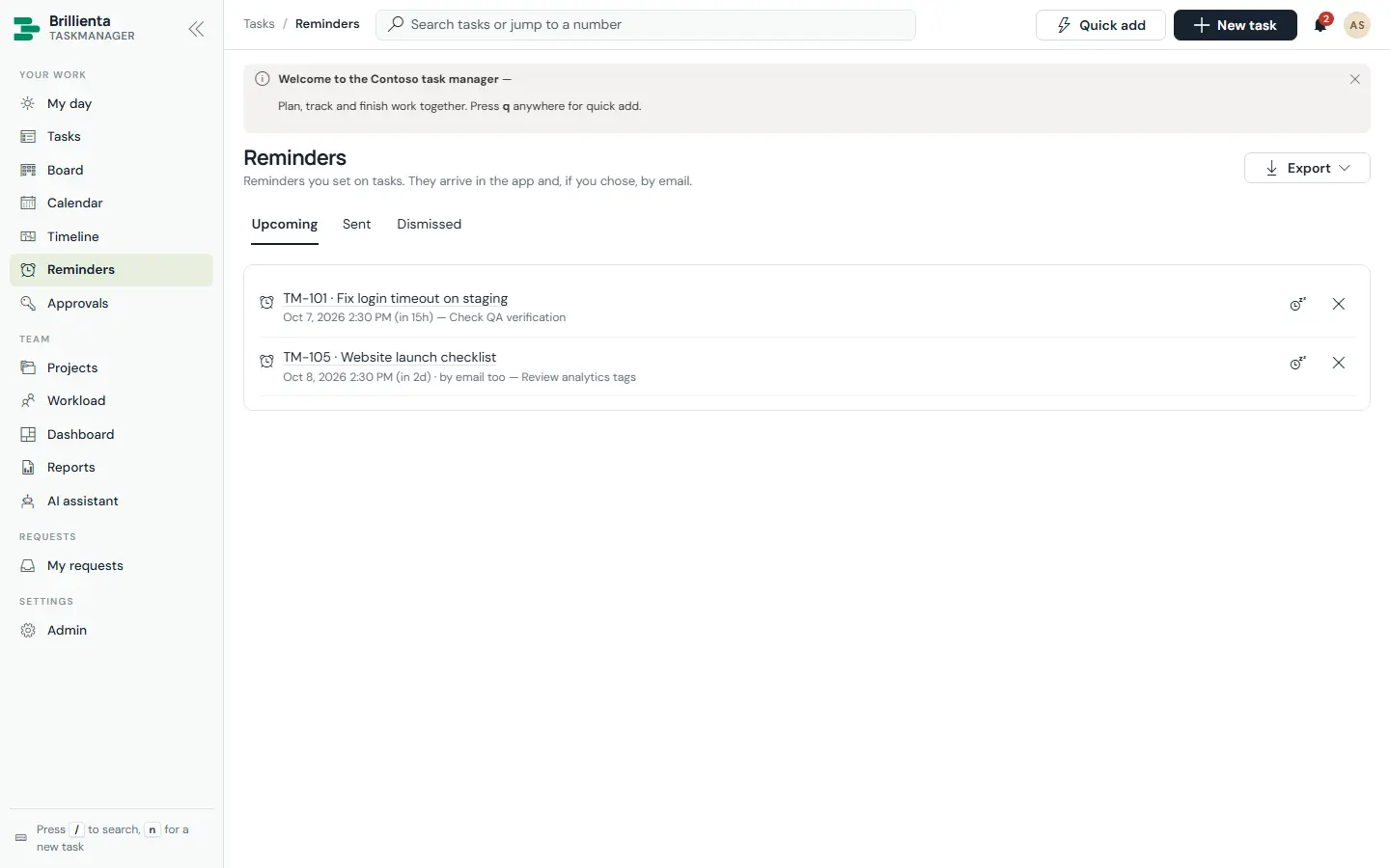 Reminders page with Upcoming, Sent and Dismissed tabs listing personal reminders with task links, remind-at times, email flags and notes, plus snooze and dismiss actions.