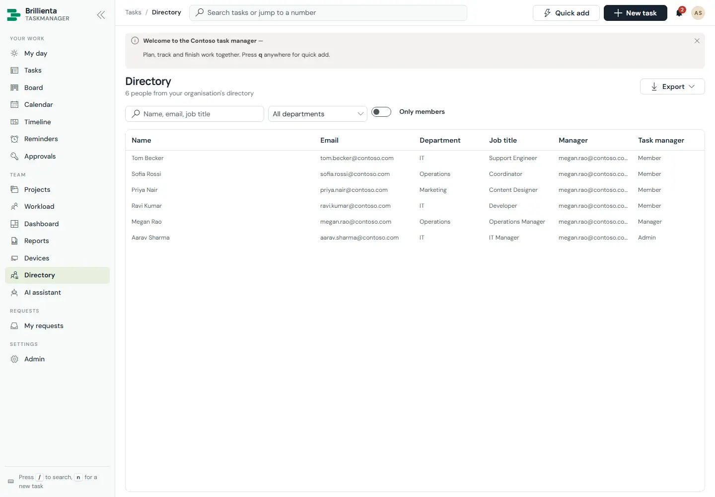 Directory page listing synced people with department, job title, office and account state, kept in step with Entra ID.