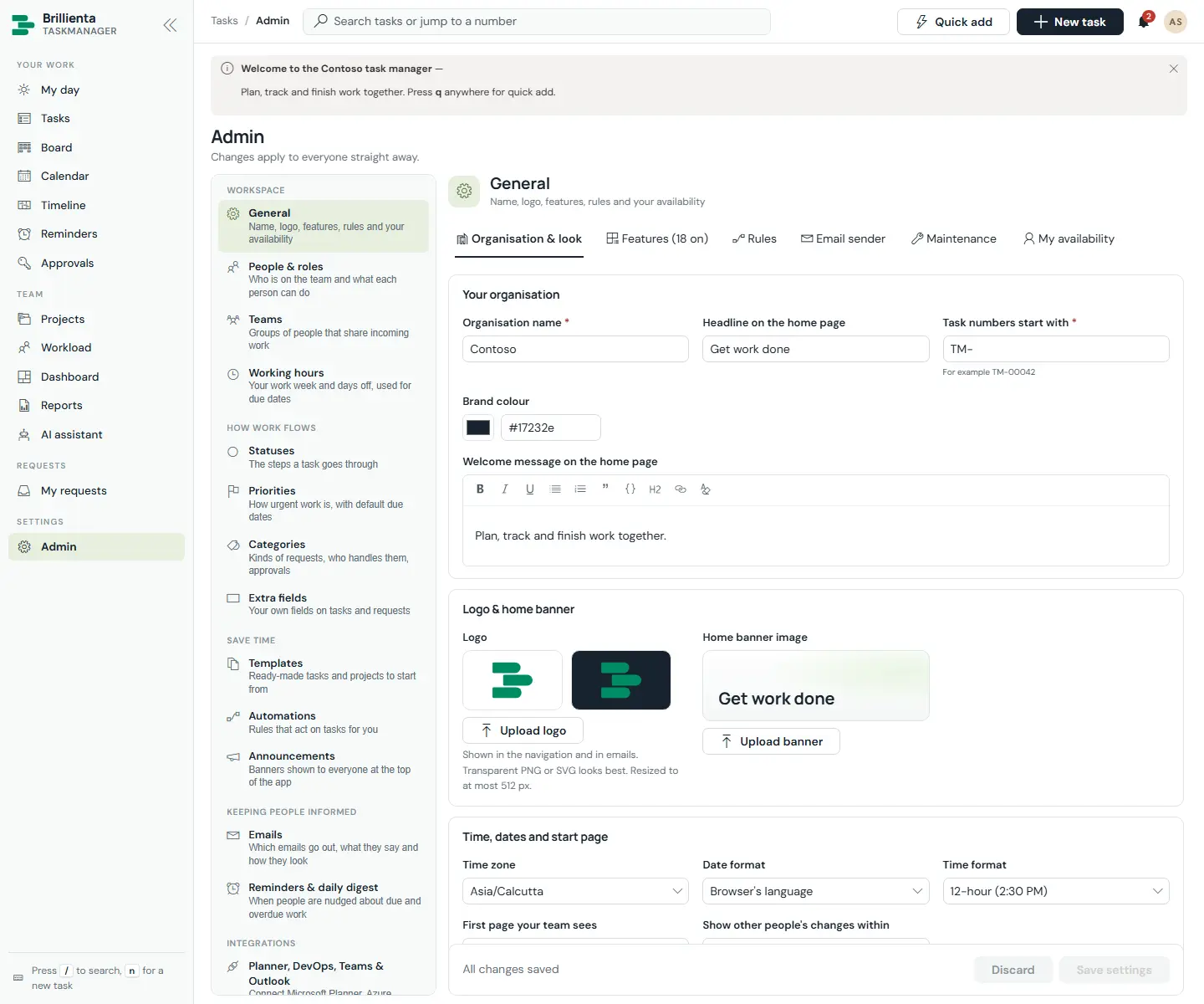General settings: organisation name, headline, brand colour, task prefix, time zone, start view, feature switches, workflow rules and maintenance mode.