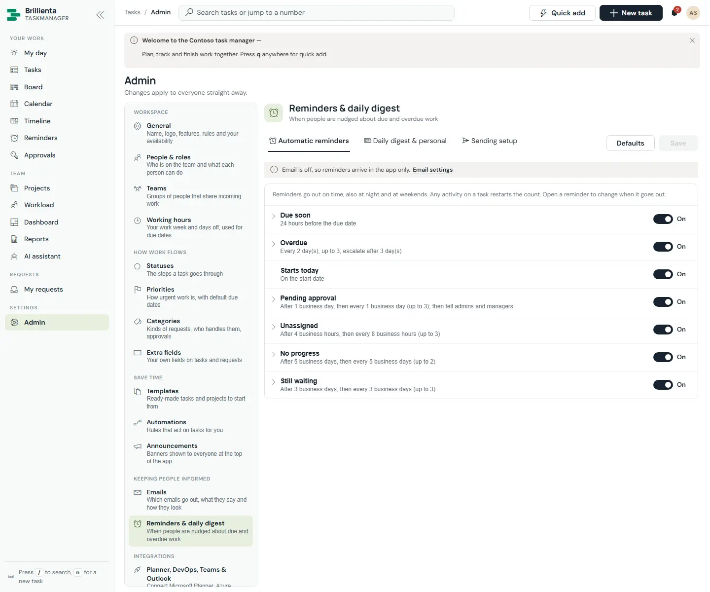 Reminders and digest settings: per-rule timing and escalation switches for due-soon, overdue, starts-today, approval, unassigned, no-progress and still-waiting, plus daily digest and sending setup.