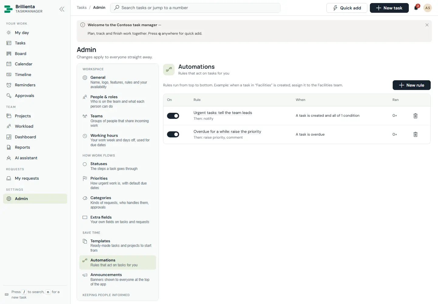 Automations page with two rules: urgent tasks tell the team leads on creation, and long-overdue tasks get their priority raised with a comment.