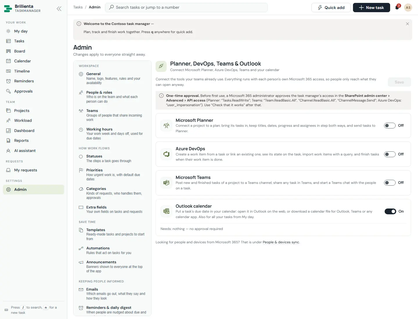 Integrations page: Planner, Azure DevOps, Teams and Outlook connections each with setup steps and a Check that it works button.