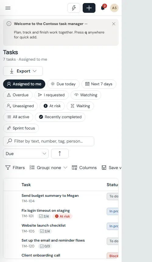 Task list on a phone: compact rows with status, due information and assignees.