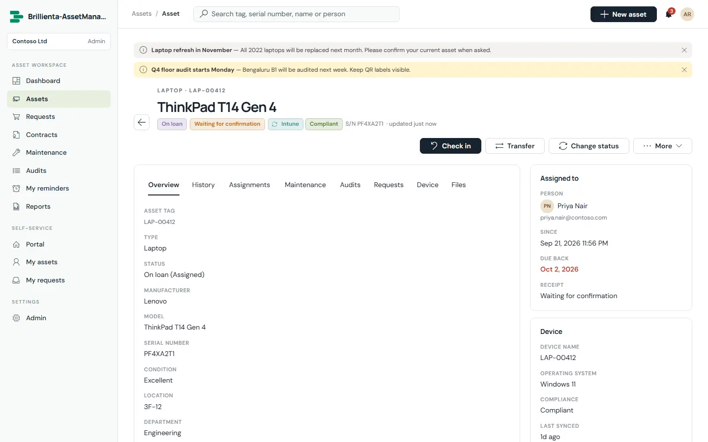 Asset page and check-out in Brillienta Asset Management