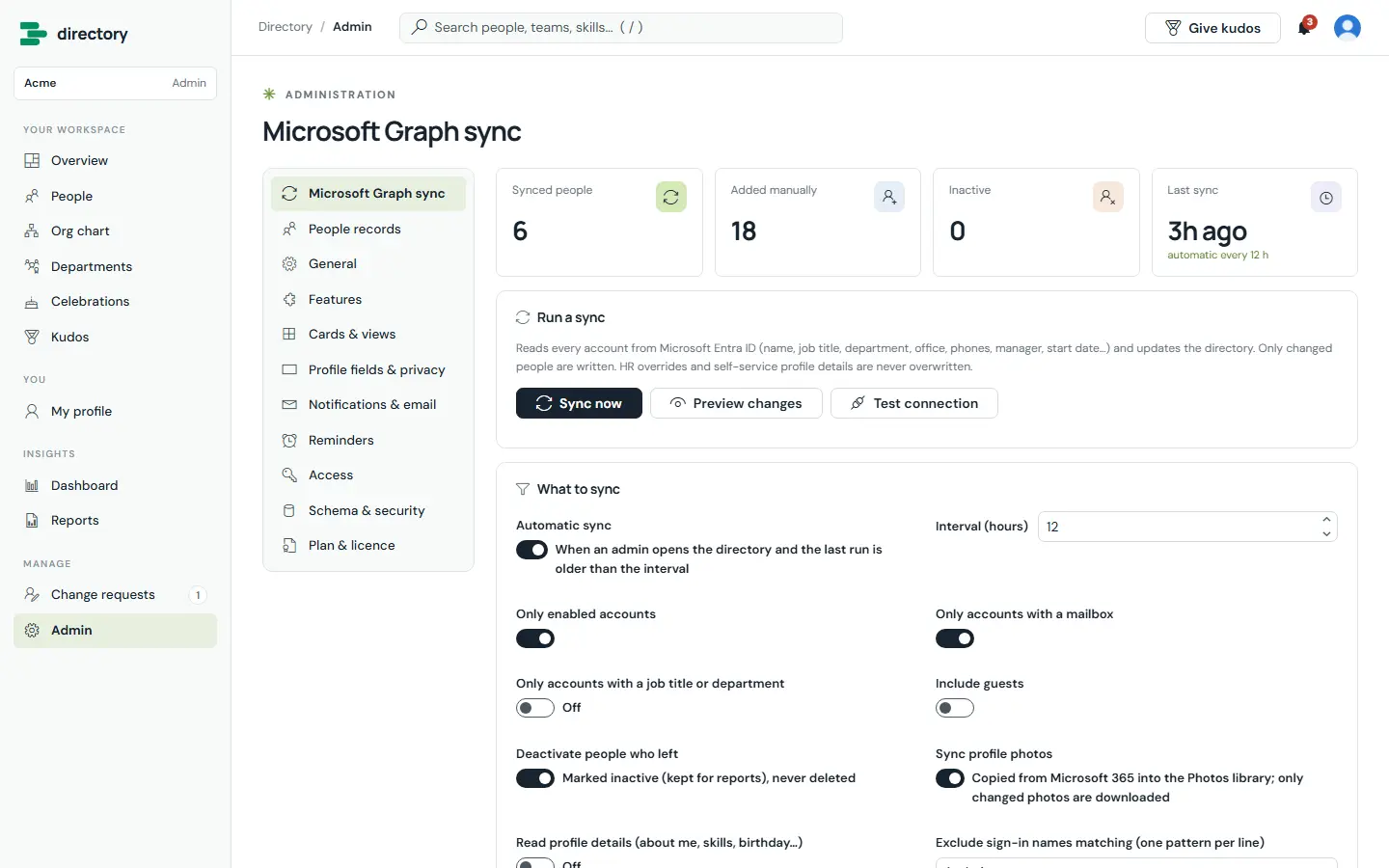 Brillienta Employee Directory sync settings that read users from Microsoft Entra ID through Microsoft Graph, with a preview of changes
