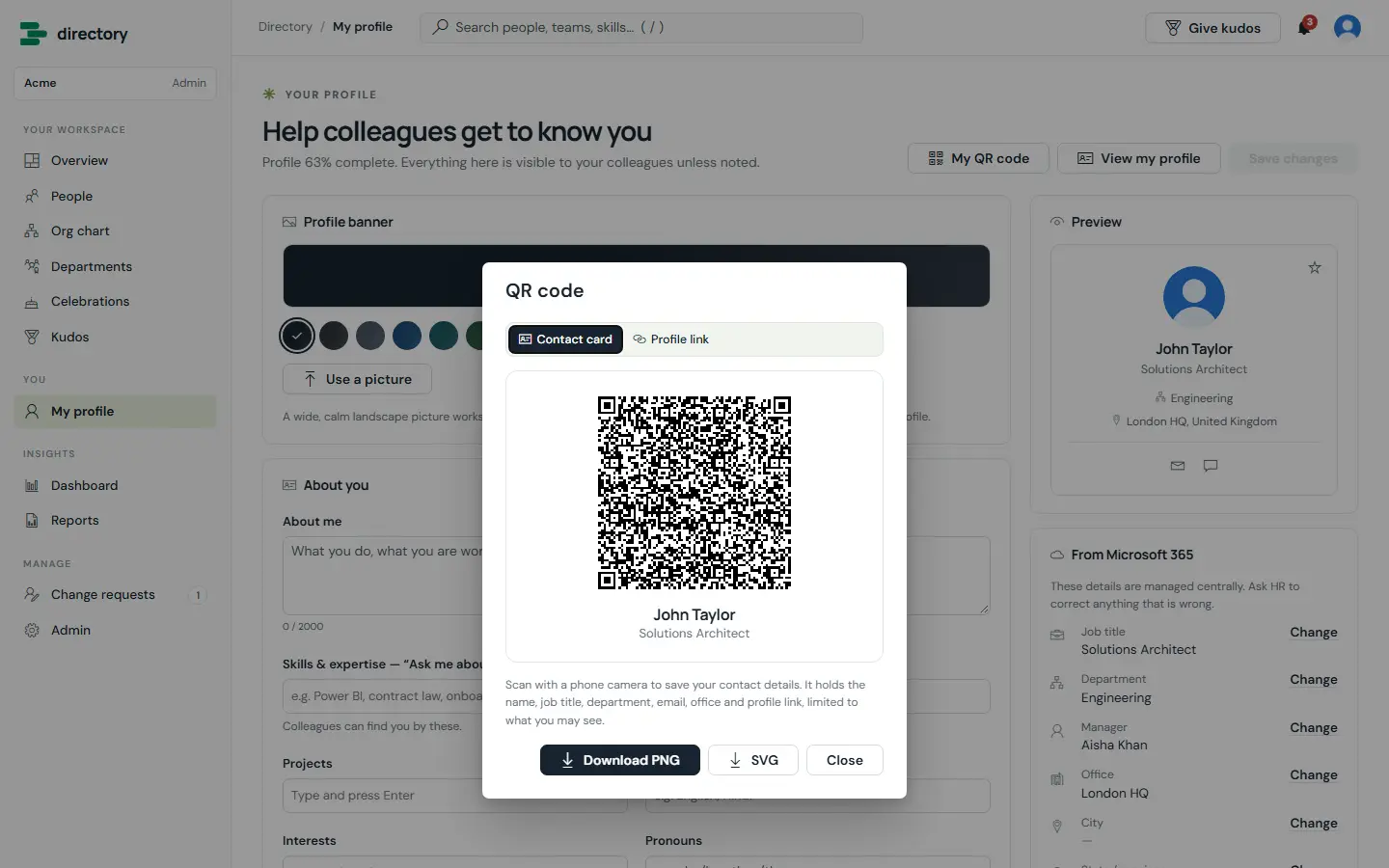 Employee Directory QR contact card, one of the screens covered in the guide