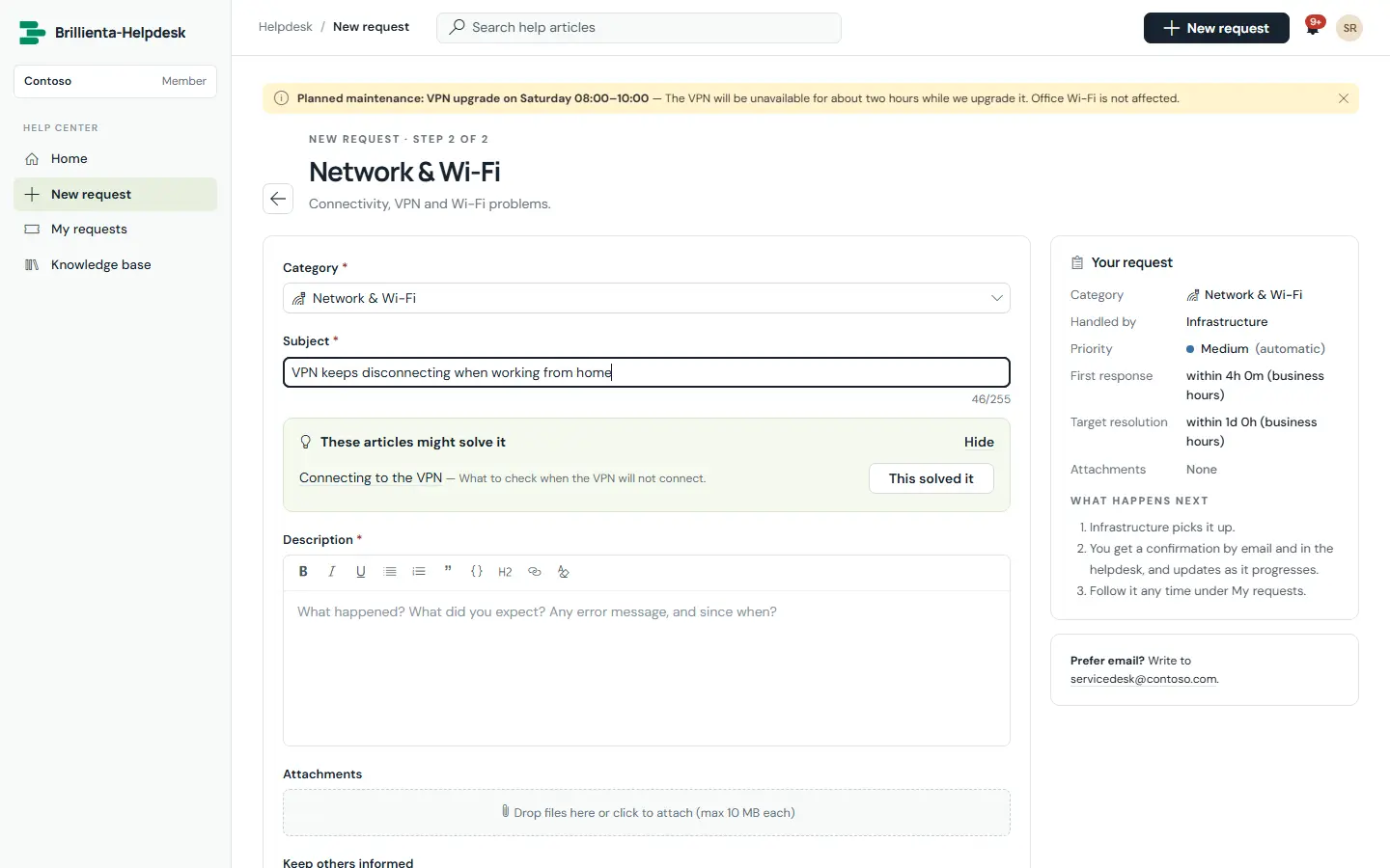 Portal home and raising a request in Brillienta Helpdesk