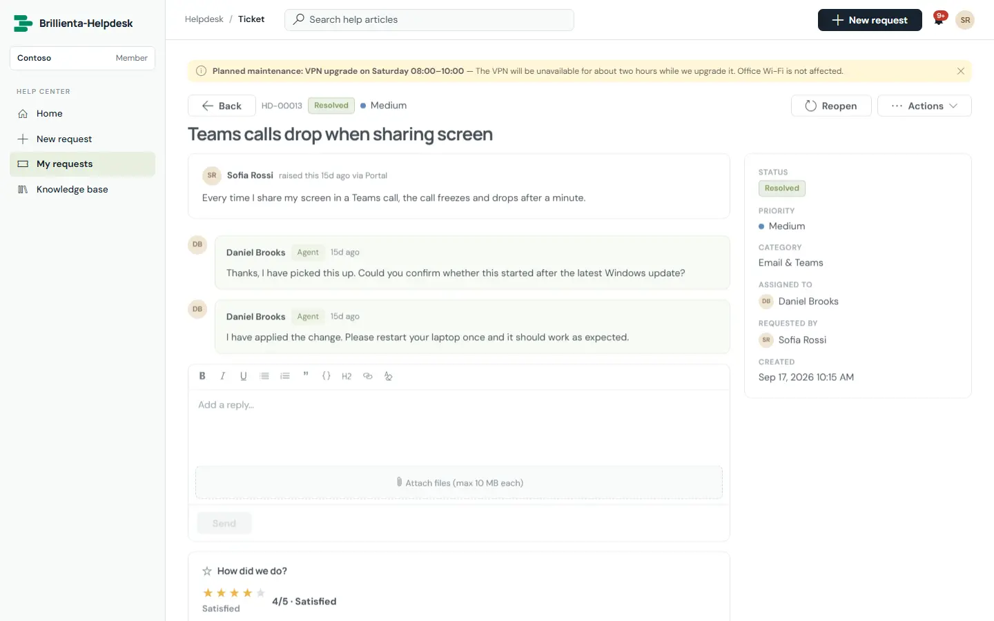 My requests and the request view in Brillienta Helpdesk