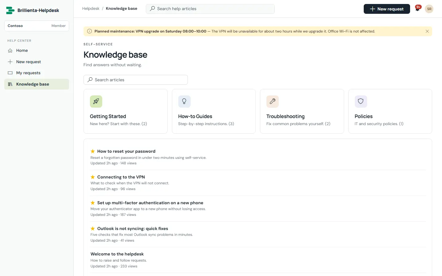 Knowledge base and approvals in Brillienta Helpdesk