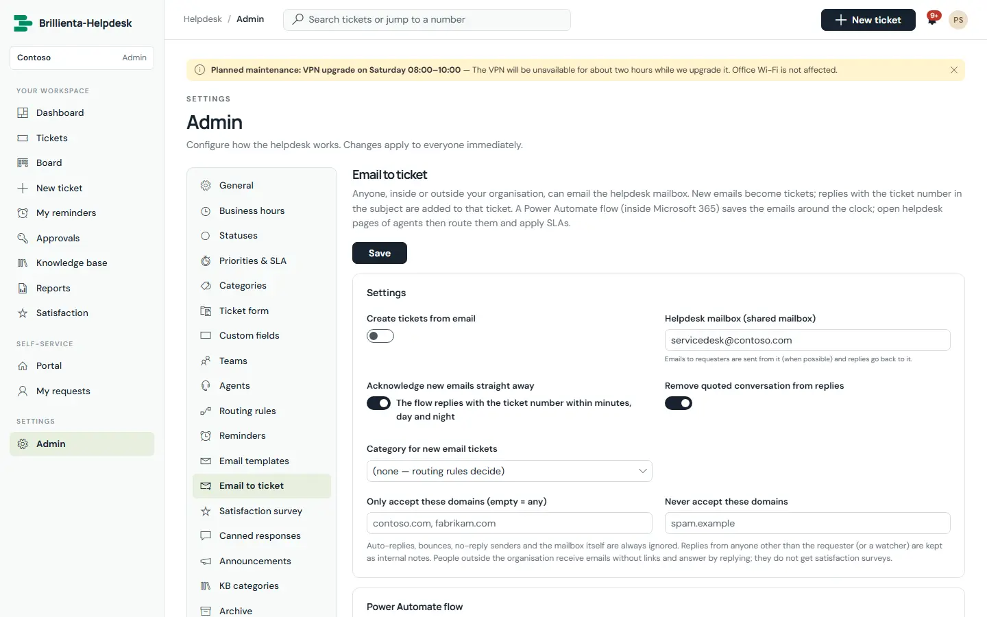 Brillienta Helpdesk email-to-ticket settings, where a Power Automate flow saves emails from a shared mailbox as tickets