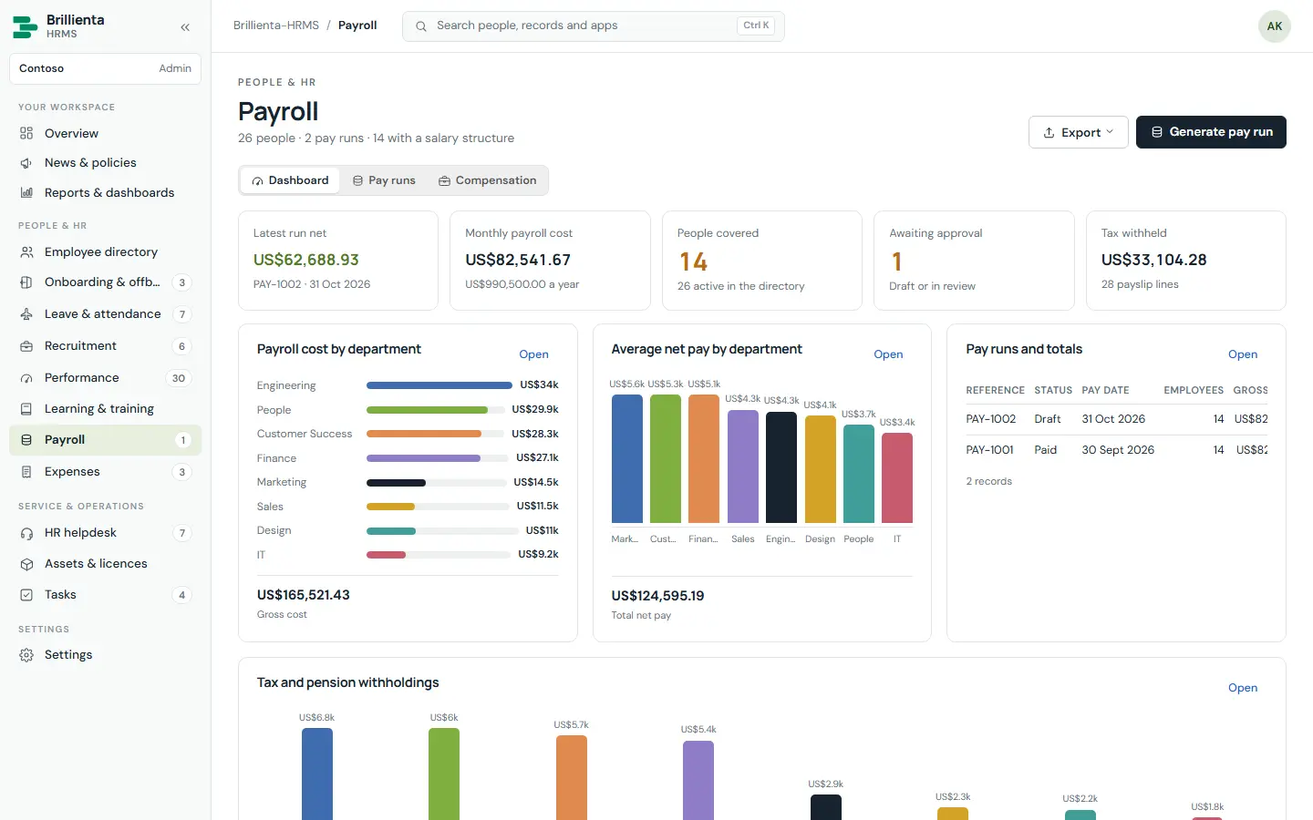 Payroll, payslips & expenses in Brillienta HRMS