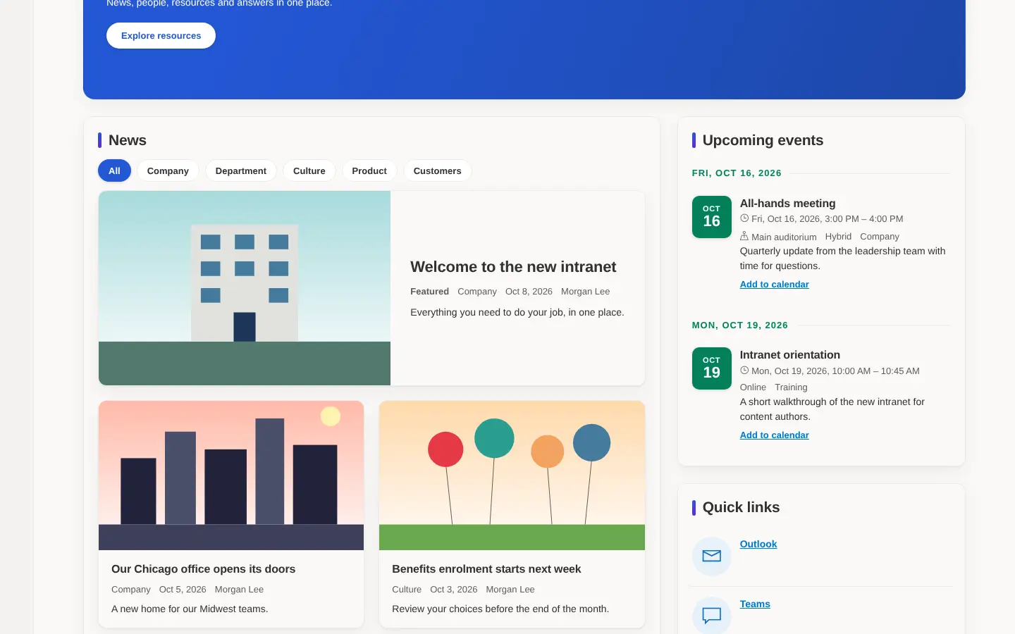 Intranet home site with news cards, announcements, events, quick links and my tasks