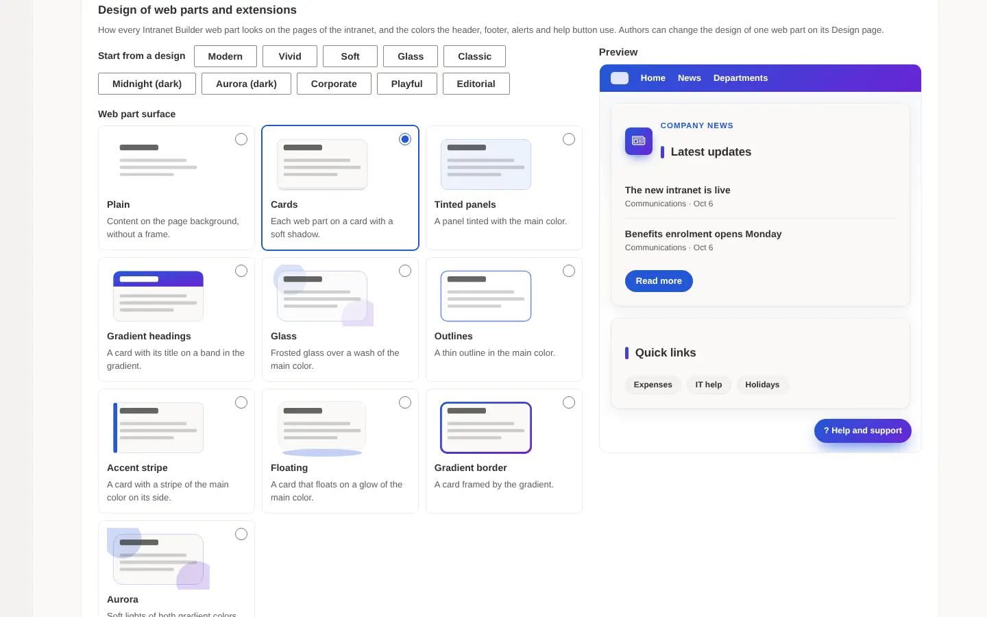 Configuration Manager design studio with presets, web part surfaces, themes and fonts