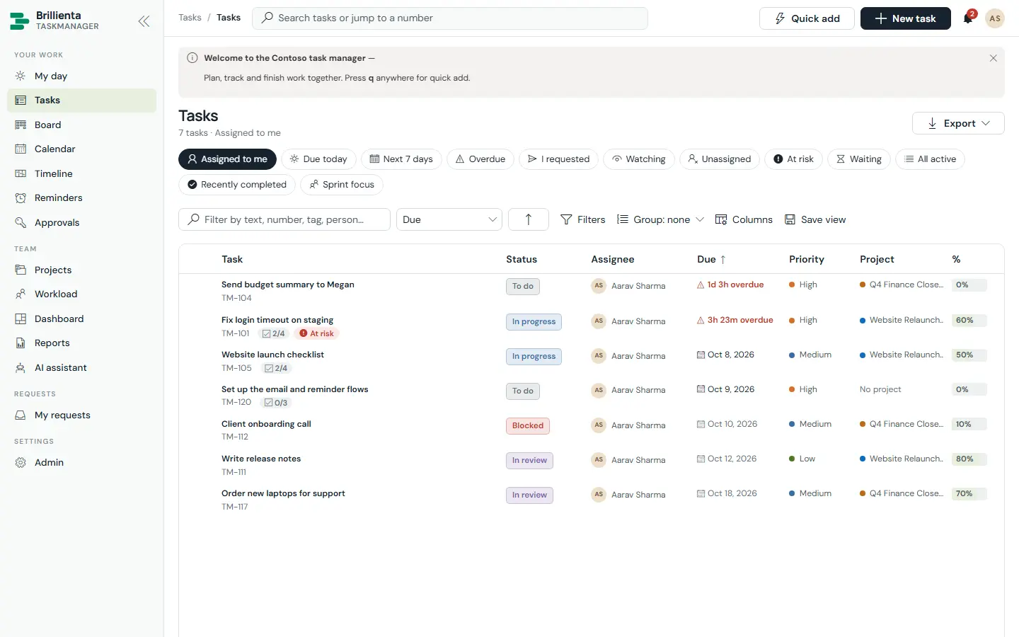 Tasks, views and bulk change in Brillienta TaskManager
