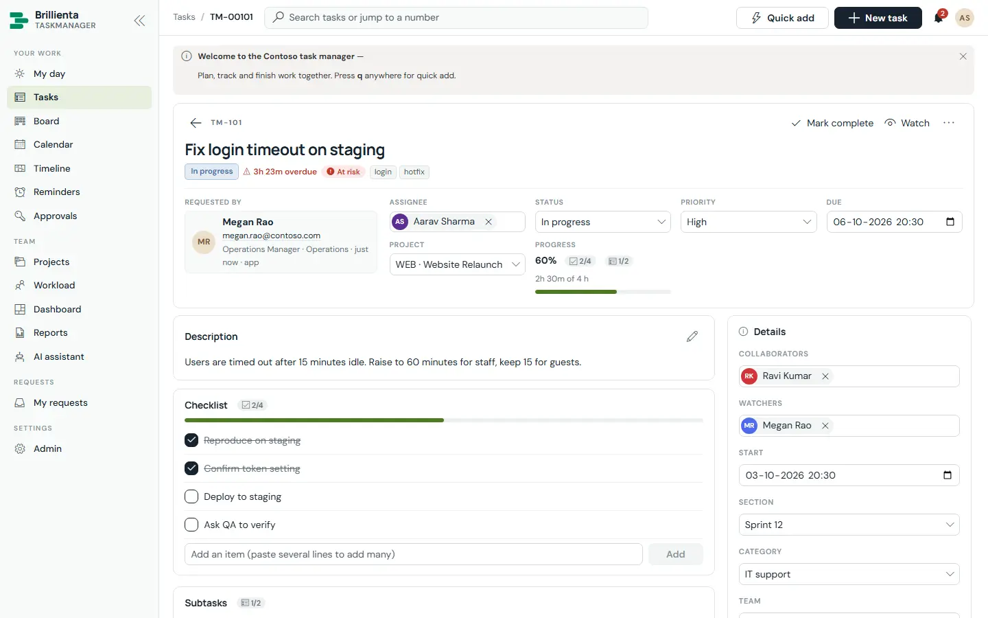 Task page and quick add in Brillienta TaskManager