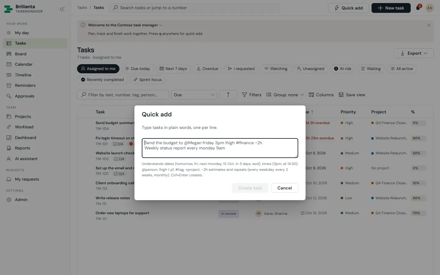 Quick add turning plain words into a fully-filed repeating task